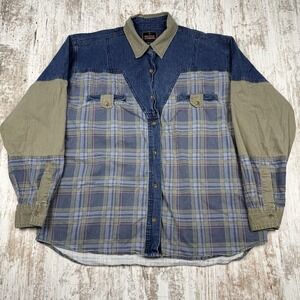 VTG Mountain Standard Sz L Denim Flannel Block Long Sleeve Button Up Shirt Retro